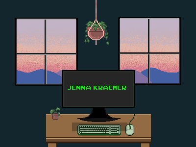 Animated pixel art of a desk by windows at sunset with hanging and potted plants, a keyboard and mouse, and a monitor displaying the name Jenna Kraemer